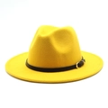 Detailed view of yellow wool jazz fedora hat featuring a slim black leather decorative band - M (56-58cm) / Yellow