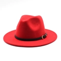 Detailed view of red wool fedora hat with black leather band and gold buckle detail - M (56-58cm) / Red