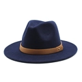 Close-up of navy wool fedora with brown faux leather band and gold stud accent - M (56-58cm) / Navy Blue