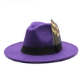 Close-up of deep purple wool felt fedora featuring a black ribbon and natural feather - M (56-58cm) / Purple