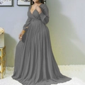 Elegant deep V-neck pleated maxi dress in grey color with long sleeves and cinched waist - S / Gray