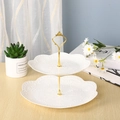Elegant 2-tier white dessert stand with gold handle and embossed wavy edge plates - 2-Tier Round Cake Stand, Gold Rod