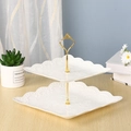 2-tier white European dessert stand with embossed patterns and golden heart handle - 2-Tier Square Cake Stand, Gold Rod