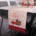 Linen Christmas table runner with vintage red truck, buffalo plaid edges and Merry Christmas text - Truck and Dog Table Runner