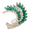 Elegant wheat stalk brooch with green marquise crystals and a large white pearl detail - Gold + Green