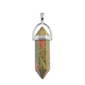Macro detail of hexagonal natural stone pendant with green pink texture and silver bail - Unakite