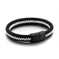 Braided genuine leather bracelet for men featuring black and white cord and matte metal clasp - Black and White Braided Style (KB87374-BD)