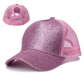 Pink glitter trucker hat for women with high ponytail criss-cross hole and mesh back - Rose Red