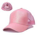 Women's pink sequin ponytail baseball cap with breathable mesh and adjustable strap - Pink