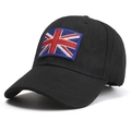 Detailed side view of black cotton baseball cap with embroidered British Union Jack flag - UK Flag Black