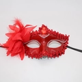Close-up of red Lily Masquerade Mask with sequins, side flowers, and feather details - Red