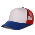 Three-color mesh trucker hat with blue brim, white front, and red breathable back mesh - Blue White Red Mesh