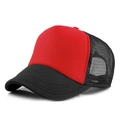 Breathable red and black mesh trucker hat with a curved brim and solid front panel - Black Red Black Mesh