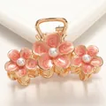Elegant gold flower hair claw clip with pink enamel petals and pearls, 6.8cm medium size - Large / Pink