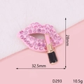 Detailed view of pink rhinestone lips and lipstick brooch with dimensions 32.5mm and 28mm - D293 Lipstick Lips (Pink)
