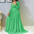 Plus size green long sleeve maxi dress with deep V-neck and pleated skirt design - 4XL / Green