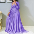 Deep V-neck pleated purple maxi dress with long sleeves and a matching waist belt - S / Violet
