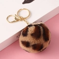 Faux rabbit fur keychain featuring a leopard print plush ball with gold hardware - Elastic Band (No Hardware) / Leopard 60 Card Brown
