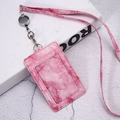 Pink marble texture leather ID card holder with retractable badge reel and matching lanyard - Retractable Lanyard Set / Rose Red