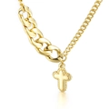 Men's stainless steel necklace with textured cross pendant and mixed curb snake chain - Gold (KN112527-Z)