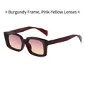 Square sunglasses with burgundy frame and pink-yellow gradient lenses for a retro look - Wine Red Frame Pink Yellow Lens