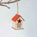Christmas wooden house ornament style F with Merry Xmas text and a red roof for tree decor - Style F (Red Roof/Star/MERRY XMAS)