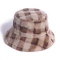 Winter plush checkerboard bucket hat in warm brown and beige faux rabbit fur pattern - Checkered / Khaki