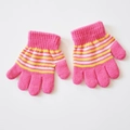 Pink knitted gloves for kids with yellow and white striped details on palms and cuffs - M / Sunset Red 1