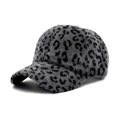 Detailed texture of gray leopard print baseball cap with soft faux fur winter material - Dark Gray