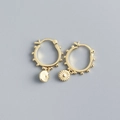 Detailed view of gold S925 sterling silver hoop earrings with bead and disc charms - 925 Silver / Yellow Gold Color (Pair)