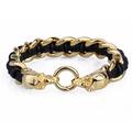 Mens gold skull braided leather bracelet with stainless steel chain and wolf head accents - Gold Skull Head Style (KB46715-D)
