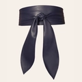 Elegant navy blue faux leather wrap obi belt with long ribbon tie for women dresses - Regular Size / Navy Blue