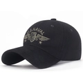Black cotton baseball cap featuring gold U.S. NAVAL embroidery and a curved brim - Adjustable / Black