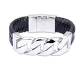 Men's thick Cuban chain bracelet with black woven leather and polished silver steel - Polished Steel Color (KB43029-D)