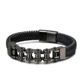 Men's geometric braided black leather bracelet with stainless steel gear chain accents - Black (KB138030-KFC)
