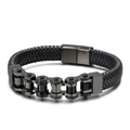 Men's black braided leather bracelet featuring a gear-style steel chain and metallic clasp - 19cm / Black