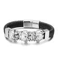 Pulsera punk para hombre con calaveras plateadas y correa de cuero negro trenzado - Color Acero