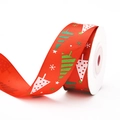 Red Christmas ribbon with gold-stamped green trees and snowflakes for gift wrapping - Red Ribbon with Christmas Trees (9m)