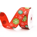 Detail of red Christmas grosgrain ribbon with snowflake prints and green circles - Red Ribbon with Three-Color Snowflakes (9m)