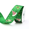 Close-up of green Christmas grosgrain ribbon with festive candy cane and holly patterns - Green Ribbon with Christmas Gifts (9m)