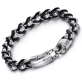 Pulsera para hombre de acero de titanio con anillos entrelazados y cordón de cuero negro - Color Acero (KB68867-BD)