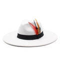 Detailed close-up of colorful feathers and black ribbon on a white wool fedora hat - M (56-59cm) / White