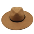 Classic camel wool fedora hat with wide brim and black leather strap for autumn fashion - Light Coffee