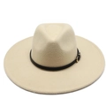 Classic beige wide-brim wool fedora hat with a black leather band and gold buckle detail - Beige