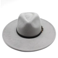 Detail of grey wool fedora hat featuring a black leather band and gold metal buckle - Gray
