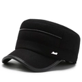 Gorra militar de lana negra para hombre con ribete de cuero y detalle de metal - Ajustable / Negro