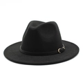 Classic black wool fedora hat with a thin leather belt and gold buckle on a white background - M (56-58cm) / Black