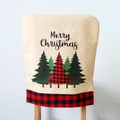 Beige linen Christmas chair cover with Merry Christmas embroidery and red plaid trim - Type A Christmas Tree