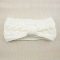 Beige cable knit headband for women with fleece lining and central bow knot design - White