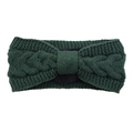Dark green cable knit headband with warm fleece lining and twisted bow design - Dark Green